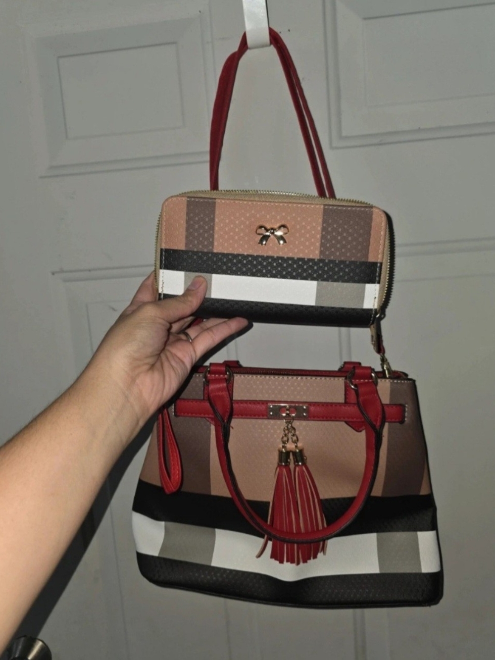 Striped Red & Taupe Satchel with Matching Wallet
